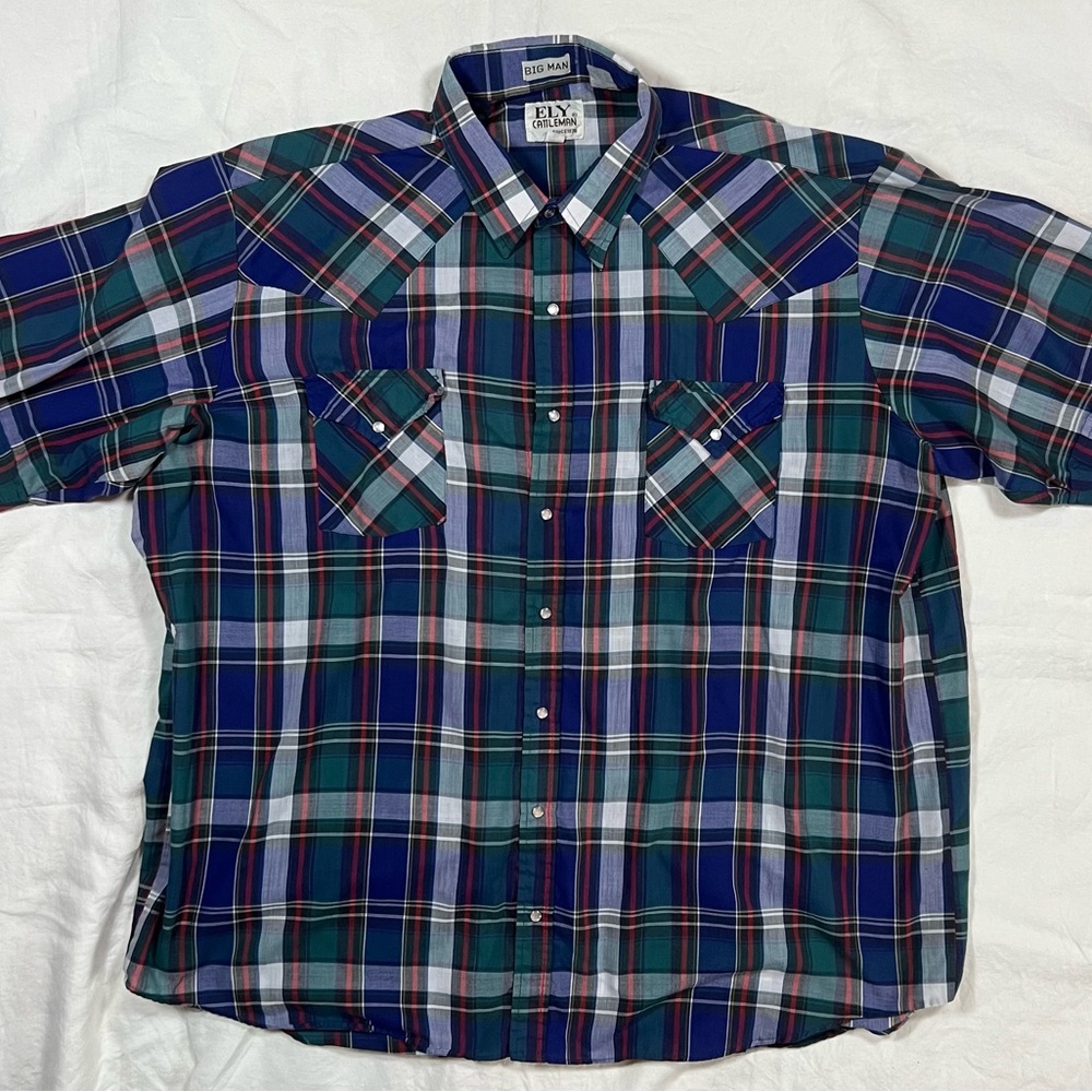 ELY Cattleman Plaid Western Snap Shirt Big Man 2X Short Sleeve